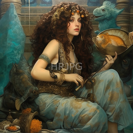 High Resolution: Ethereal woman with curly brown hair adorned in ornate gold and blue attire sitting beside mythical creatures and a turquoise dragon-like beast download. | HRJPG.com