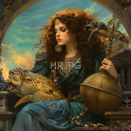 High Resolution: Ethereal curly-haired woman with fair skin in elaborate blue-green attire holding two large fish and a fishing net under an archway download. | HRJPG.com