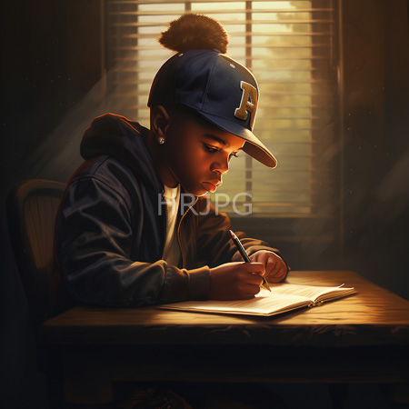 High Resolution: African-American boy with dark skin wearing a blue baseball cap is focused intently writing in a notebook at a wooden table download. | HRJPG.com