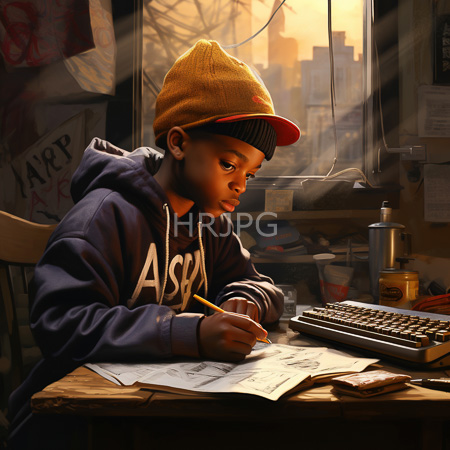 High Resolution: African-American boy with dark skin wearing a yellow beanie and navy hoodie intently drawing on paper at a cluttered desk download. | HRJPG.com
