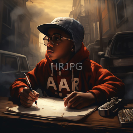 High Resolution: African-American teenage boy with medium brown skin wearing round glasses and a blue cap writing on paper at a wooden table in an alleyway download. | HRJPG.com