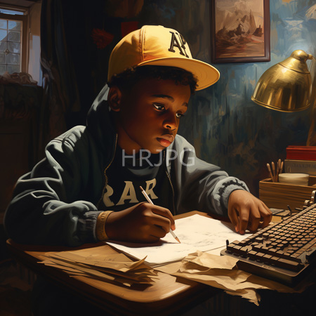 High Resolution: African-American boy with dark skin and curly hair wearing a yellow cap and blue hoodie writing on paper at a wooden desk download. | HRJPG.com