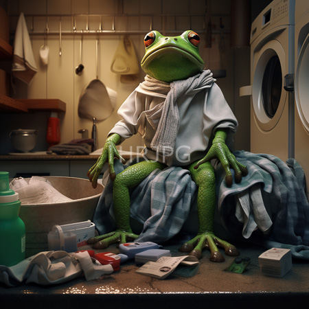 High Resolution: Anthropomorphic green frog with large eyes sitting in a cluttered laundry room wearing white pajamas and a blue plaid blanket download. | HRJPG.com