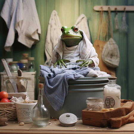 High Resolution: Anthropomorphic green frog with red eyes dressed in white robes sitting on a blue metal basin inside a rustic kitchen setting download. | HRJPG.com