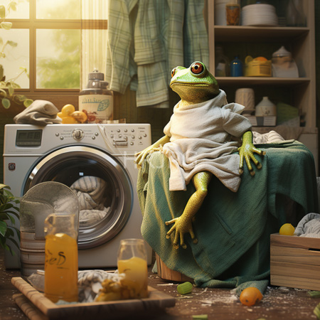 High Resolution: Anthropomorphic green frog with large expressive eyes sitting on a cloth-draped chair in a cluttered laundry room bathed by sunlight download. | HRJPG.com