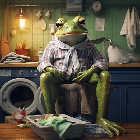 High Resolution: Anthropomorphic green frog with large expressive eyes sitting in a vintage kitchen wearing a plaid shirt and white scarf download. | HRJPG.com