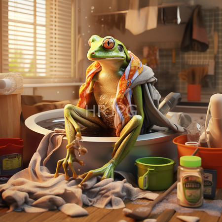 High Resolution: Anthropomorphic green frog with orange eyes sitting in a bathtub filled halfway up within a cluttered kitchen bath area at sunrise download. | HRJPG.com