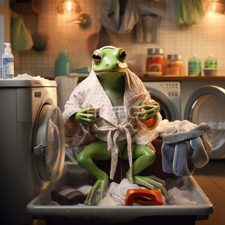 High Resolution: Anthropomorphic green frog in a white polka-dotted bathrobe holding an orange soap sponge and scrub brush over a washing machine download. | HRJPG.com