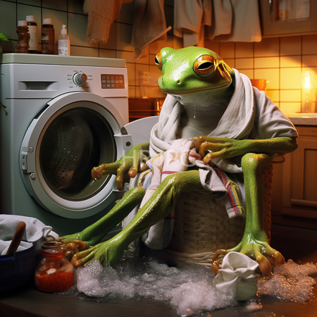 High Resolution: Anthropomorphic green frog with large yellow eyes wearing glasses wrapped in white towels sitting on a kitchen floor amidst soapy bubbles download. | HRJPG.com
