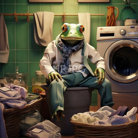 High Resolution: Anthropomorphic frog with green skin and large orange eyes wearing a white shirt blue scarf and teal pants sitting on a washing machine download. | HRJPG.com