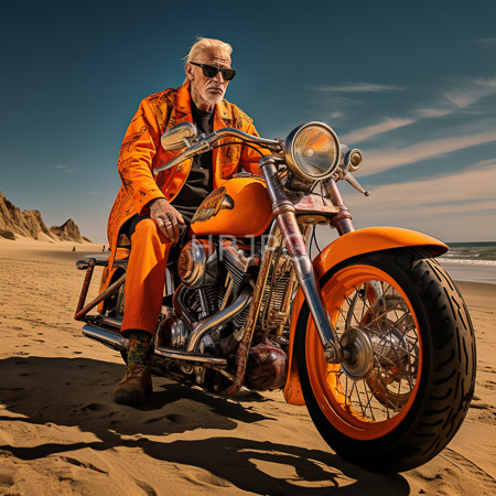 High Resolution: Elderly white man with a gray beard and sunglasses wearing an orange patterned jacket sitting on a vintage chrome motorcycle at the beach download. | HRJPG.com