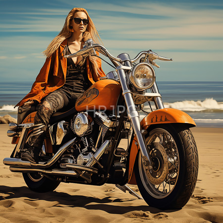 High Resolution: Blonde woman with long hair wearing sunglasses and an orange jacket sitting on a bright-orange Harley-Davidson motorcycle at the beachfront download. | HRJPG.com