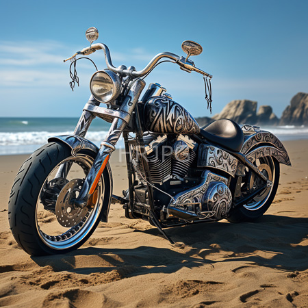 High Resolution: Intricately customized chrome-styled motorcycle with flame and tribal patterns parked on a sandy beach under a clear blue sky download. | HRJPG.com