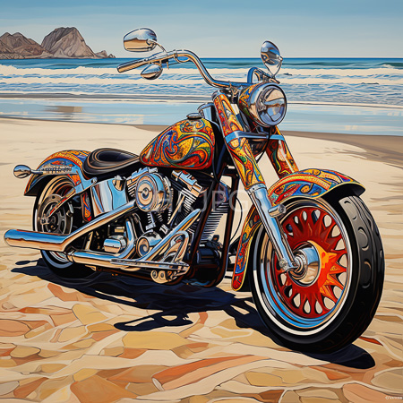High Resolution: Intricately painted chrome-studded chopper motorcycle with vibrant red and orange flames sitting on a sandy beach near ocean waves download. | HRJPG.com