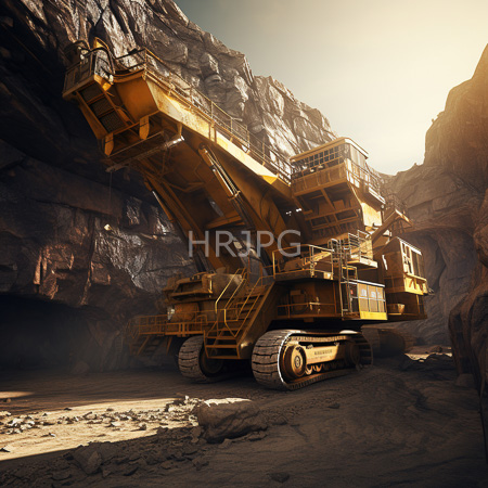High Resolution: Enormous yellow mining excavator with large caterpillar tracks and multiple elevated platforms set in a rocky canyon under sunlight download. | HRJPG.com