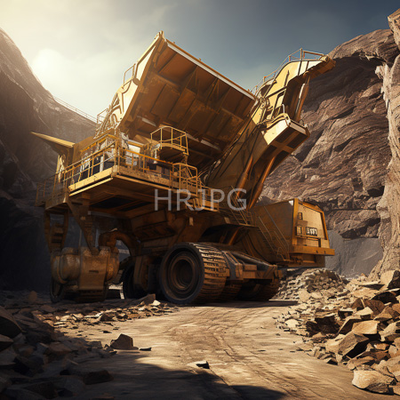 High Resolution: Enormous yellow mining truck with large caterpillar tracks and an elevated cabin parked in a rocky canyon under bright sunlight download. | HRJPG.com