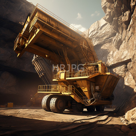 High Resolution: Enormous yellow mining excavator with large tires and an extended arm in a rocky canyon under sunlight download. | HRJPG.com