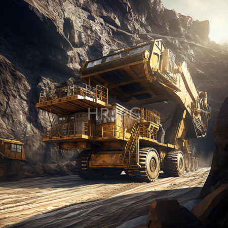 High Resolution: Enormous yellow industrial excavator with multiple levels and large tires parked in front of rugged rocky cliffs under sunlight download. | HRJPG.com