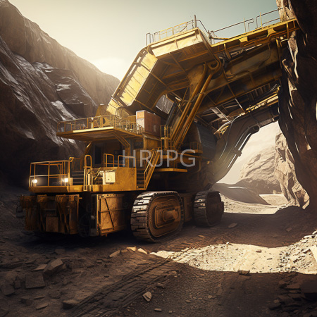 High Resolution: Enormous yellow mining excavator with large caterpillar tracks and intricate mechanical arms positioned in a rocky mountainous canyon at sunset download. | HRJPG.com
