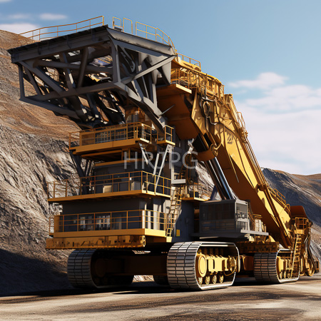 High Resolution: Enormous yellow and gray mining excavator with large caterpillar tracks on rocky terrain under a clear blue sky download. | HRJPG.com