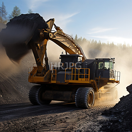 High Resolution: Enormous yellow excavator with large tires lifting dark soil into its bucket in a dusty quarry under a clear blue sky download. | HRJPG.com