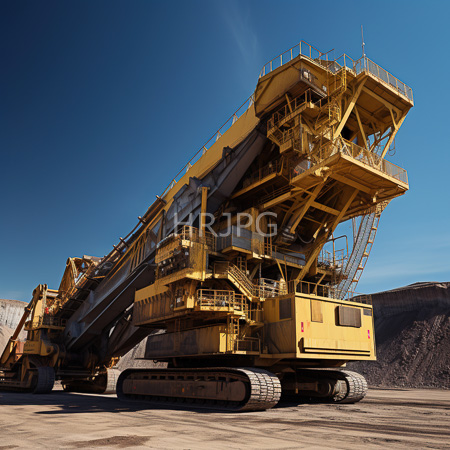 High Resolution: Enormous yellow industrial mining machine with multiple levels and ladders under a clear blue sky on concrete ground download. | HRJPG.com