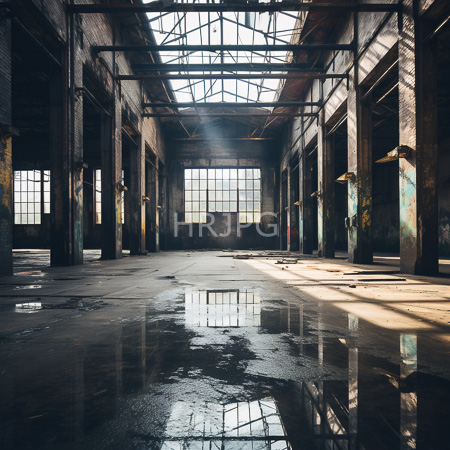 High Resolution: Abandoned sunlit industrial warehouse with large windows and metal trusses casting shadows on a wet concrete floor with graffiti download. | HRJPG.com