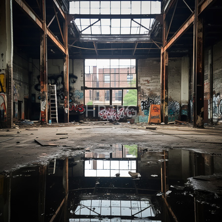 High Resolution: Abandoned graffiti-covered industrial building with large windows and metal beams where water pools reflect light on the concrete floor download. | HRJPG.com