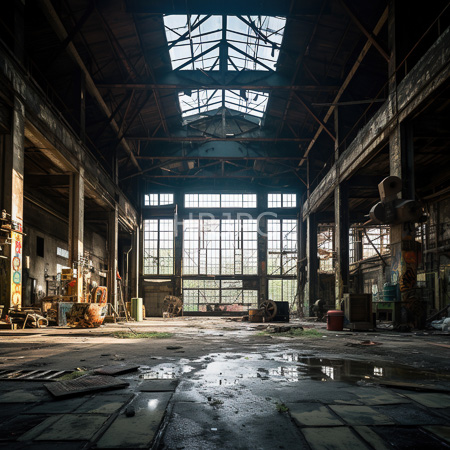 High Resolution: Abandoned dilapidated industrial warehouse with large broken windows metal framework exposed and debris on a wet concrete floor download. | HRJPG.com