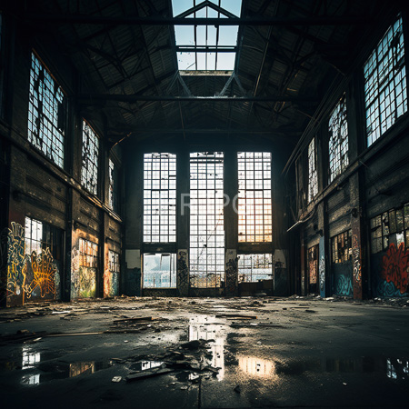 High Resolution: Abandoned graffiti-covered industrial warehouse with large grid-patterned windows allowing sunlight to stream onto a cracked concrete floor download. | HRJPG.com