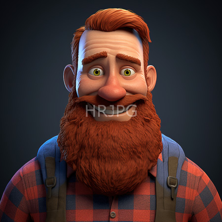 High Resolution: Animated bearded man with bright green eyes and a wide smile wearing a short-sleeved plaid shirt against a dark background download. | HRJPG.com