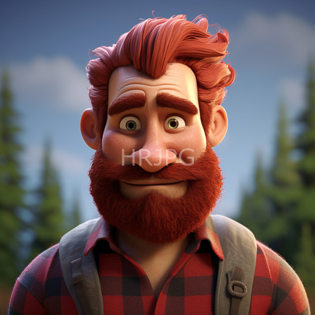 High Resolution: Animated bearded man with red hair and beard wearing a plaid shirt over gray suspenders with raised eyebrows against a forest background download. | HRJPG.com
