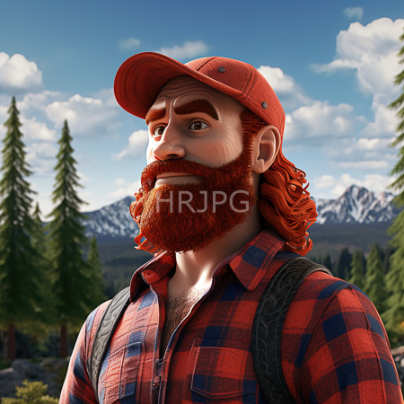 High Resolution: Bearded man with long red hair and bushy beard wearing a plaid shirt under grey suspenders and a matching orange cap against a mountain backdrop download. | HRJPG.com