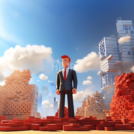 High Resolution: Animated red-haired man in a blue suit and white shirt standing confidently amidst ruins made from scattered bricks under bright sunlight download. | HRJPG.com