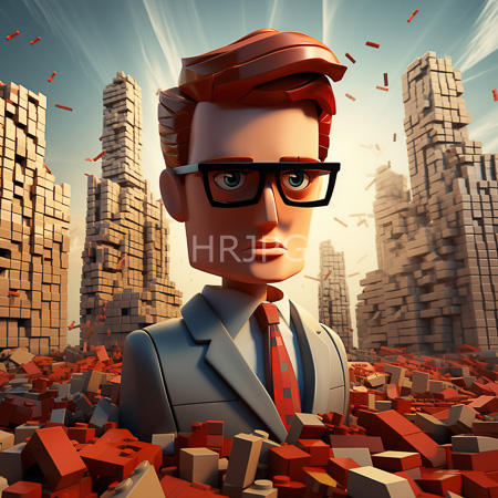 High Resolution: Animated fair-skinned man with red hair and black glasses wearing a blue suit and pink tie stands amidst scattered LEGO bricks download. | HRJPG.com
