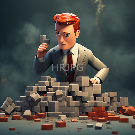 High Resolution: Animated fair-skinned man with red hair in a gray suit and striped tie standing behind a pile of scattered bricks download. | HRJPG.com