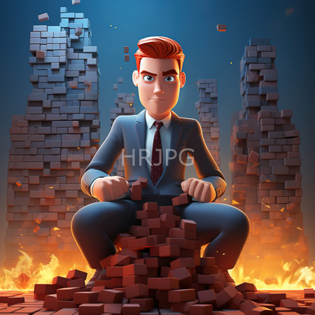 High Resolution: Animated red-haired man in a blue suit squatting amidst falling bricks against a fiery background clenching his fists determined download. | HRJPG.com