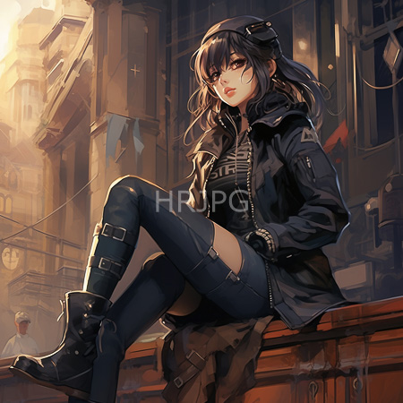 High Resolution: Anime-style young woman with dark wavy hair and red eyes sitting on urban rooftop steps at sunset wearing black thigh-high boots download. | HRJPG.com