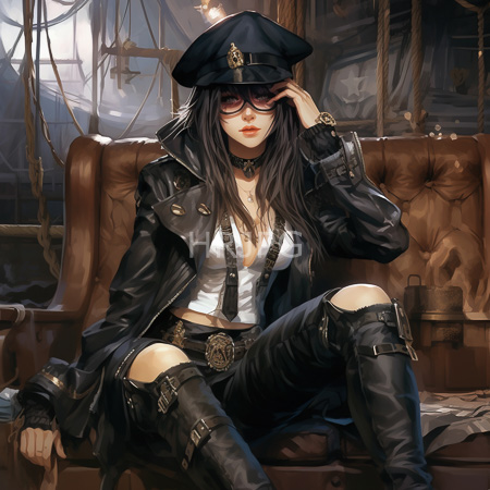 High Resolution: Dark-haired woman in steampunk attire sitting on worn leather couches inside a dim industrial setting wearing large sunglasses download. | HRJPG.com