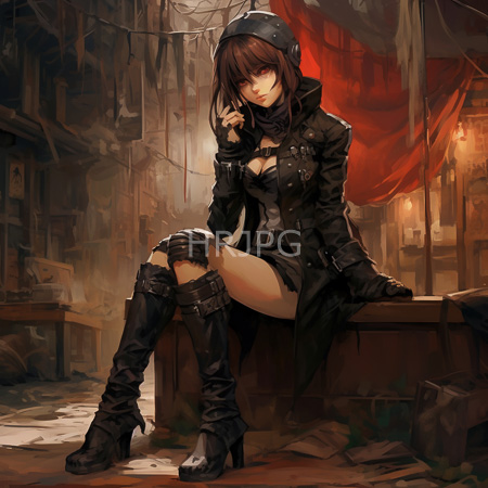 High Resolution: Anime-style woman with brown hair wearing black leather armor and high-heeled boots sits on a wooden crate in a dimly lit industrial setting download. | HRJPG.com