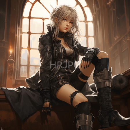 High Resolution: Attractive silver-haired woman with pale skin and green eyes sitting on a wooden desk in front of large arched windows with warm light download. | HRJPG.com