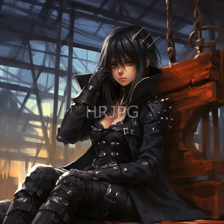 High Resolution: Anime-style young woman with black hair and red eyes sitting on wooden machinery in dim industrial lighting wearing dark leather straps download. | HRJPG.com
