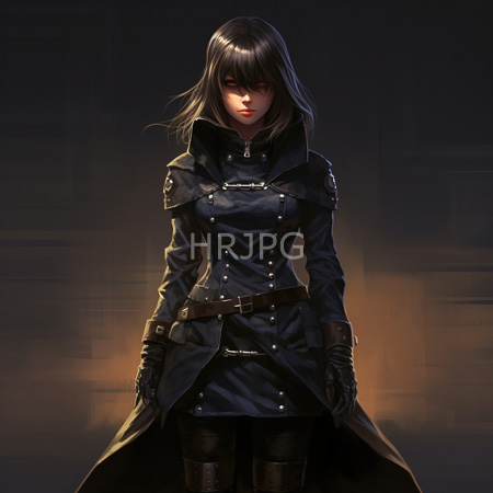 High Resolution: Intense dark-haired woman with red eyes in black military-style clothing featuring buttons and buckles against a dim background download. | HRJPG.com