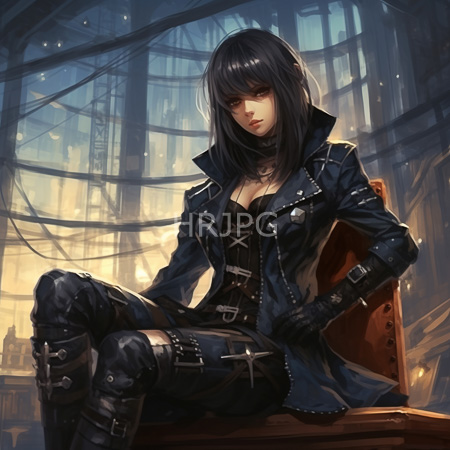 High Resolution: Attractive dark-haired woman with bangs and red eyes sitting on a wooden chair in a dim industrial setting filled with tangled wires download. | HRJPG.com