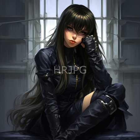 High Resolution: Anime-style woman with long black hair wearing dark blue leather gloves and outfit sitting in front of large barred windows download. | HRJPG.com