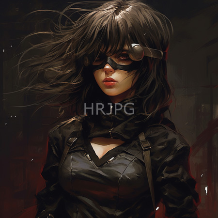 High Resolution: Intense dark-haired woman with flowing hair and piercing eyes wears black tactical gear including straps over her chest and mask-like eyewear download. | HRJPG.com