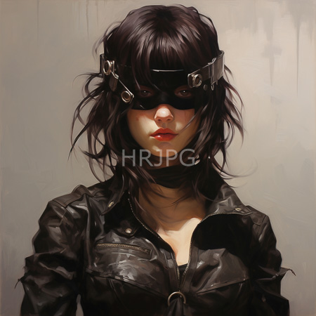 High Resolution: Androgynous person with pale skin dark wavy hair covering their eyes except for red lips visible through black mask-like headgear download. | HRJPG.com