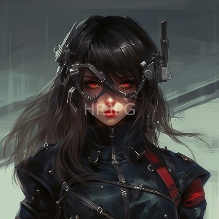 High Resolution: Anime-style woman with dark flowing hair and striking red eyes wears cybernetic headgear and black tactical gear with metal buckles download. | HRJPG.com