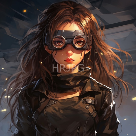 High Resolution: Anime-style young woman with long brown hair wearing round goggles over her eyes and dark clothing against a blurred background download. | HRJPG.com