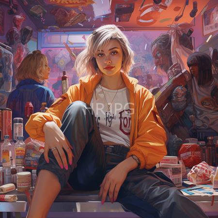 High Resolution: Attractive young woman with blonde hair wearing an orange bomber jacket and white t-shirt sitting in a cluttered convenience store at night download. | HRJPG.com
